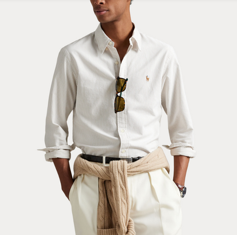 Slim Fit Striped Oxford Shirt Beige