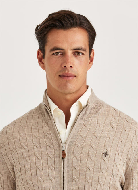 Merino Cable Zip Cardigan, Khaki Beige/Khaki