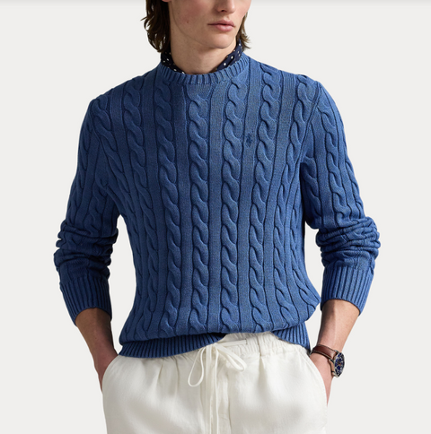 CABLE-KNIT GARMENT-DYED Blå