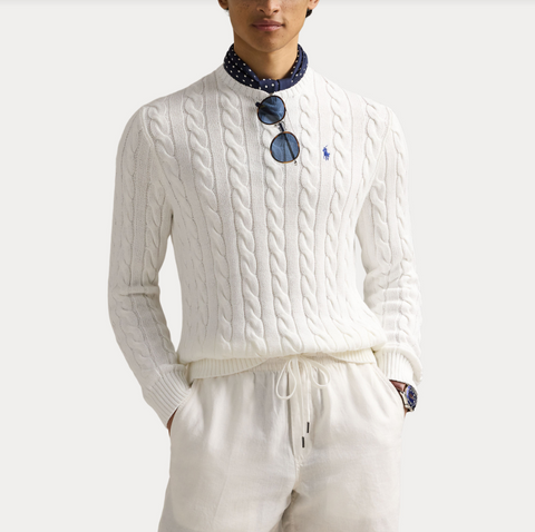Polo LS Cable knit, white Hvit