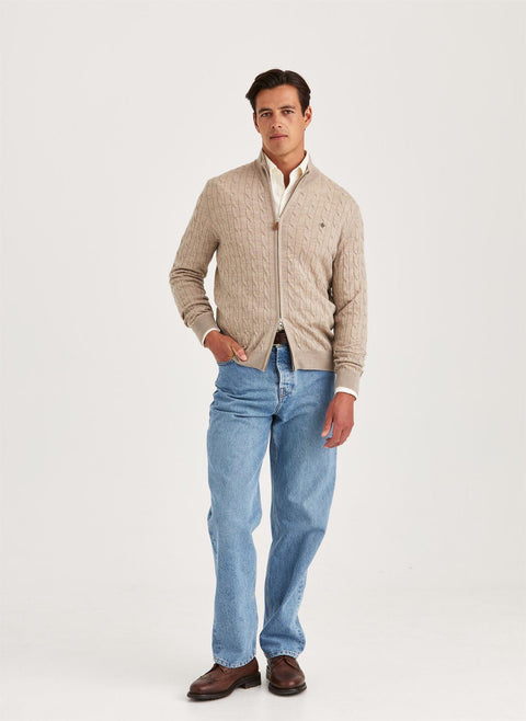 Merino Cable Zip Cardigan, Khaki Beige/Khaki