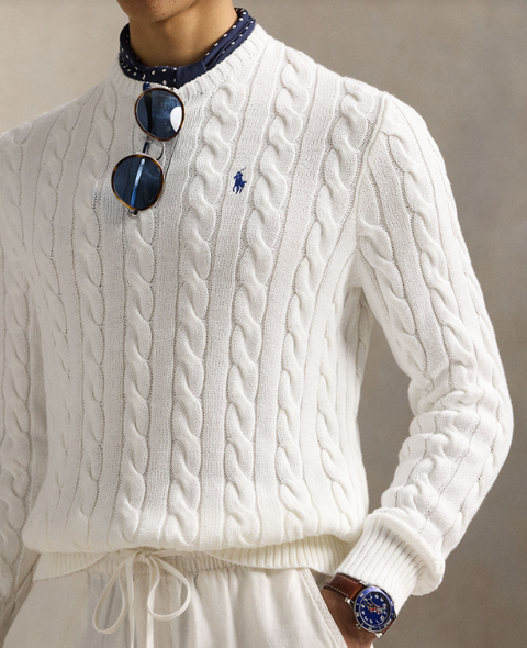 Polo LS Cable knit, white Hvit
