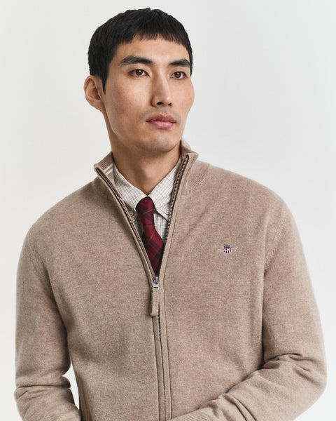 Superfine Lambswool Zip Cardigan Khaki