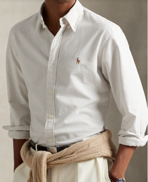 Slim Fit Striped Oxford Shirt Beige